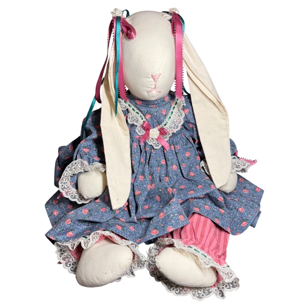 Vintage Handmade Cloth Rabbit Doll Blue Floral Dress Pink Striped Easter 24"